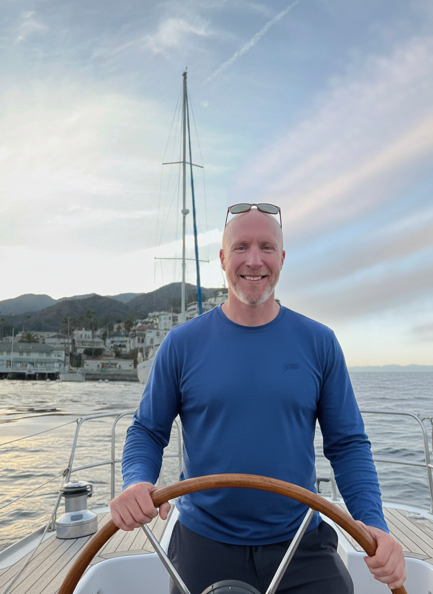 Brian at the helm of a sailboat